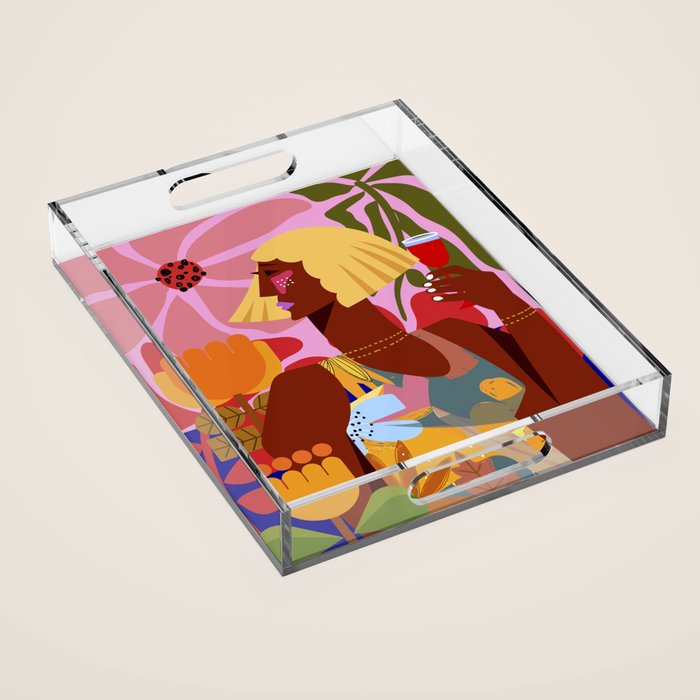 Woman with wine in floral garden Acrylic Tray Gallery Image 1