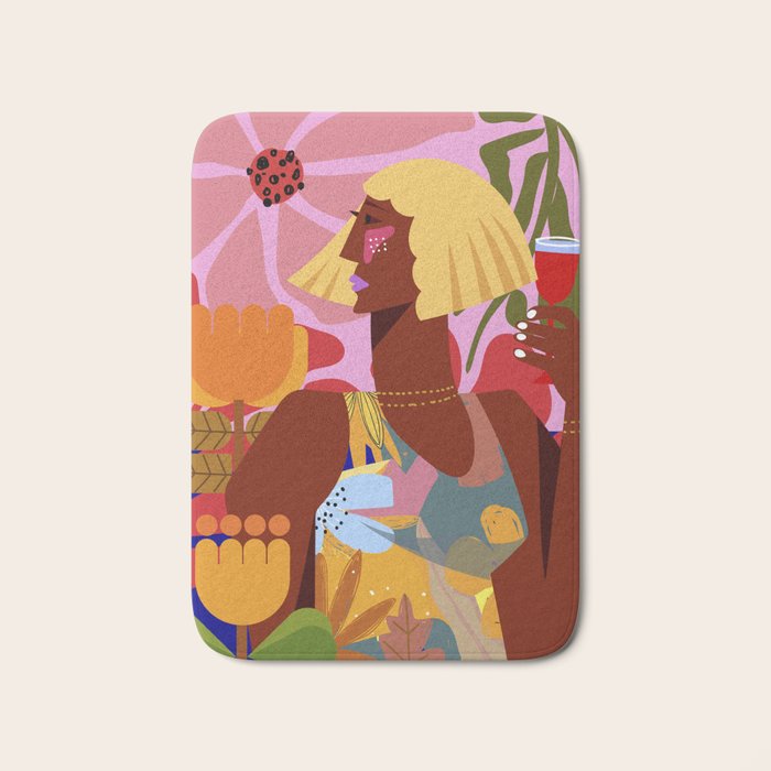 Woman with wine in floral garden Bath Mat Gallery Image 1