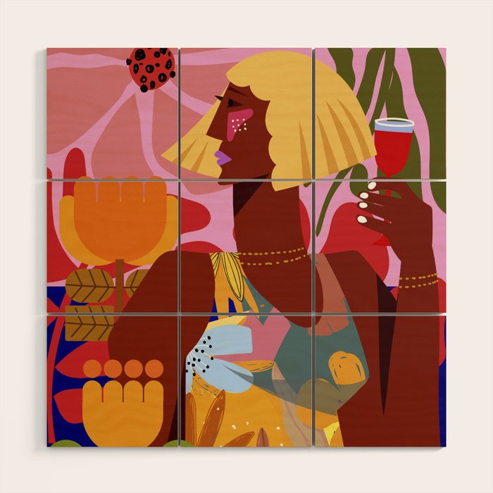 Woman with wine in floral garden Wood Wall Art Gallery Image 1