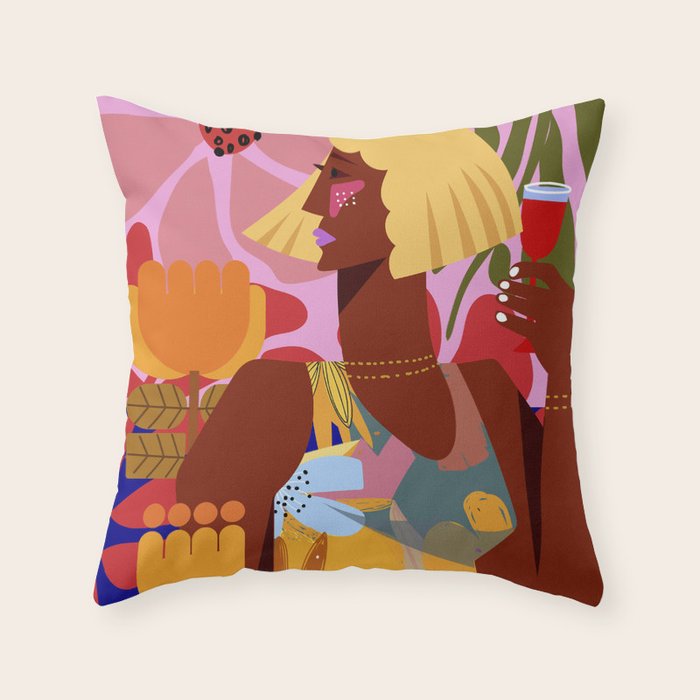 Woman with wine in floral garden Throw Pillow Gallery Image 6