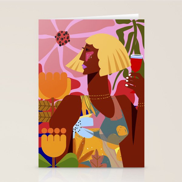Woman with wine in floral garden Stationery Card Gallery Image 2
