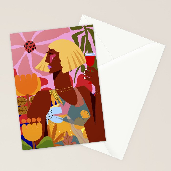Woman with wine in floral garden Stationery Card Gallery Image 2