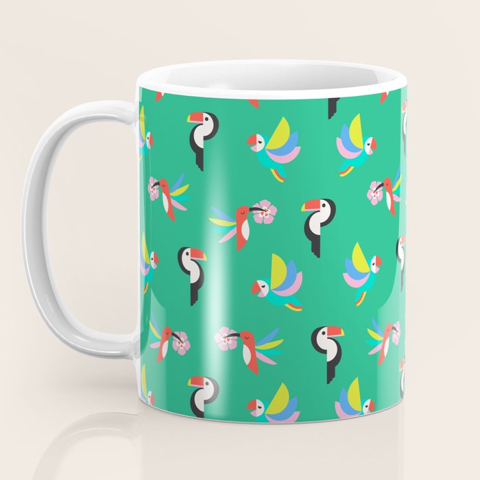 Happy Tropical Jungle Birds Toucan Hummingbird Parrot Green Coffee Mug Gallery Image 3