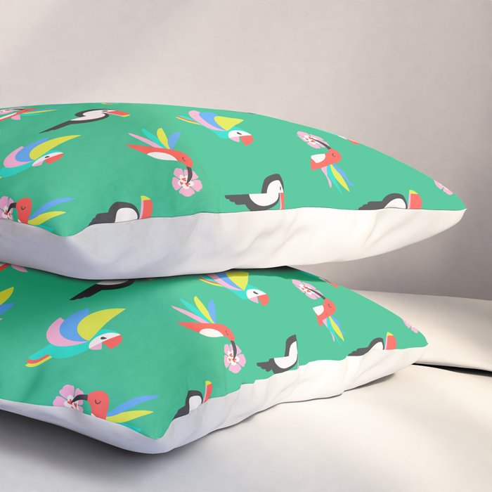 Happy Tropical Jungle Birds Toucan Hummingbird Parrot Green Pillow Sham Gallery Image 3