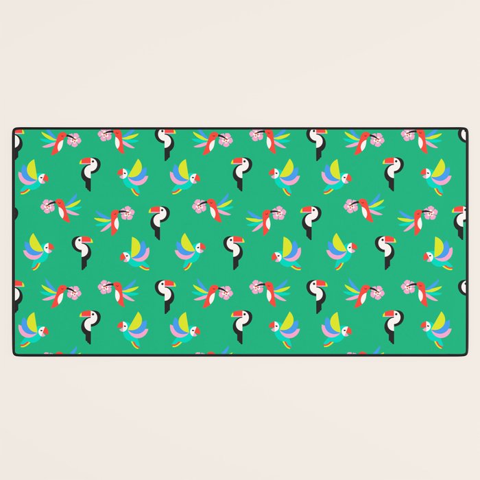 Happy Tropical Jungle Birds Toucan Hummingbird Parrot Green Desk Mat Gallery Image 3