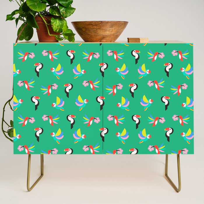 Happy Tropical Jungle Birds Toucan Hummingbird Parrot Green Credenza Gallery Image 1