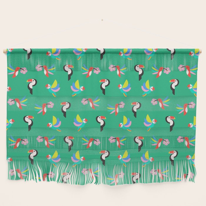 Happy Tropical Jungle Birds Toucan Hummingbird Parrot Green Wall Hanging Gallery Image 1