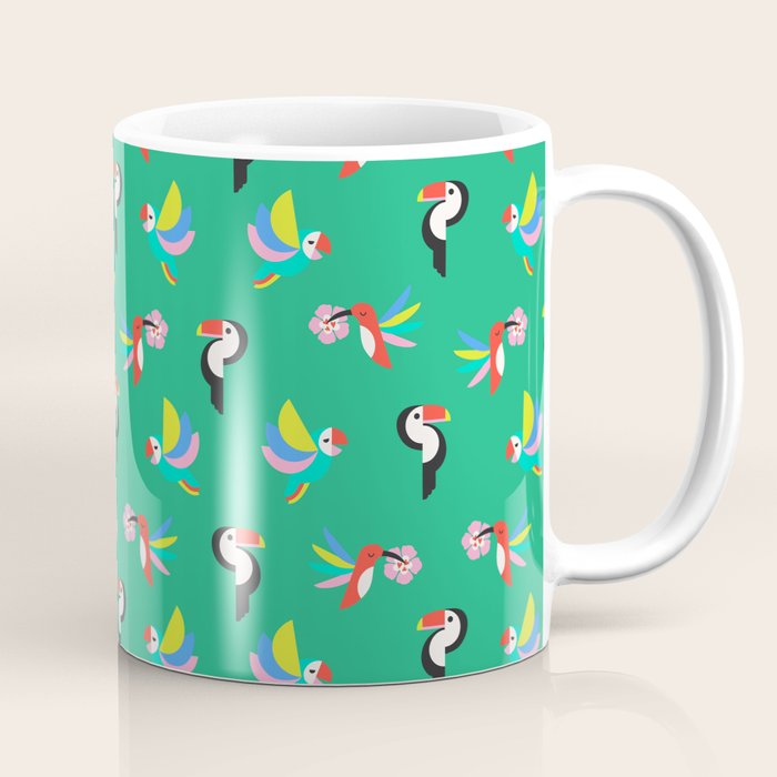 Happy Tropical Jungle Birds Toucan Hummingbird Parrot Green Coffee Mug Gallery Image 1