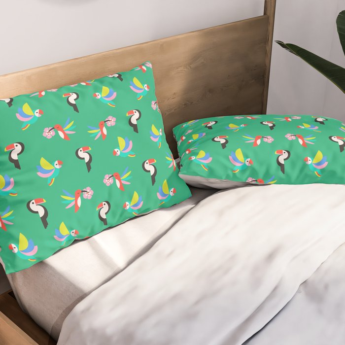 Happy Tropical Jungle Birds Toucan Hummingbird Parrot Green Pillow Sham Gallery Image 2
