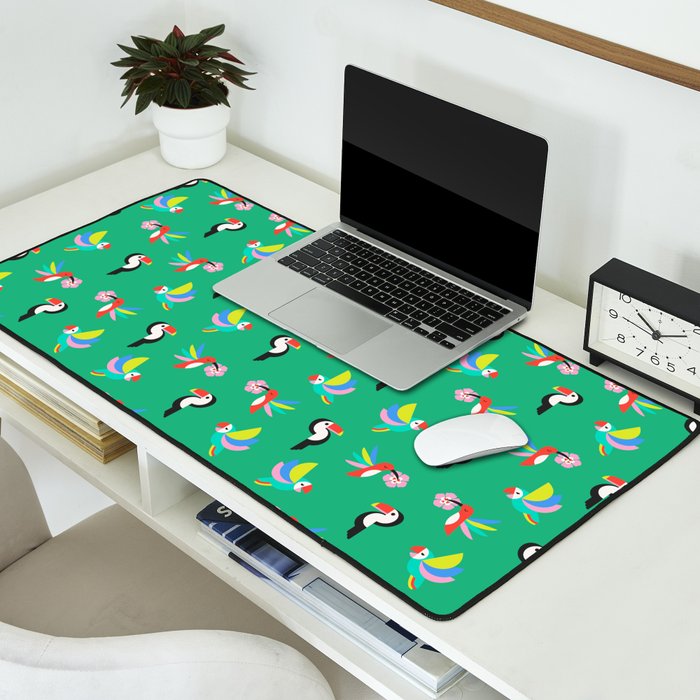 Happy Tropical Jungle Birds Toucan Hummingbird Parrot Green Desk Mat Gallery Image 2