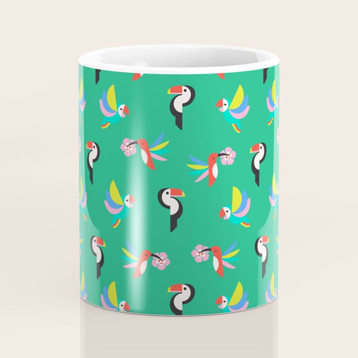 Happy Tropical Jungle Birds Toucan Hummingbird Parrot Green Coffee Mug Gallery Image 4