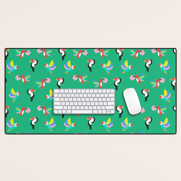Happy Tropical Jungle Birds Toucan Hummingbird Parrot Green Desk Mat Gallery Image 1