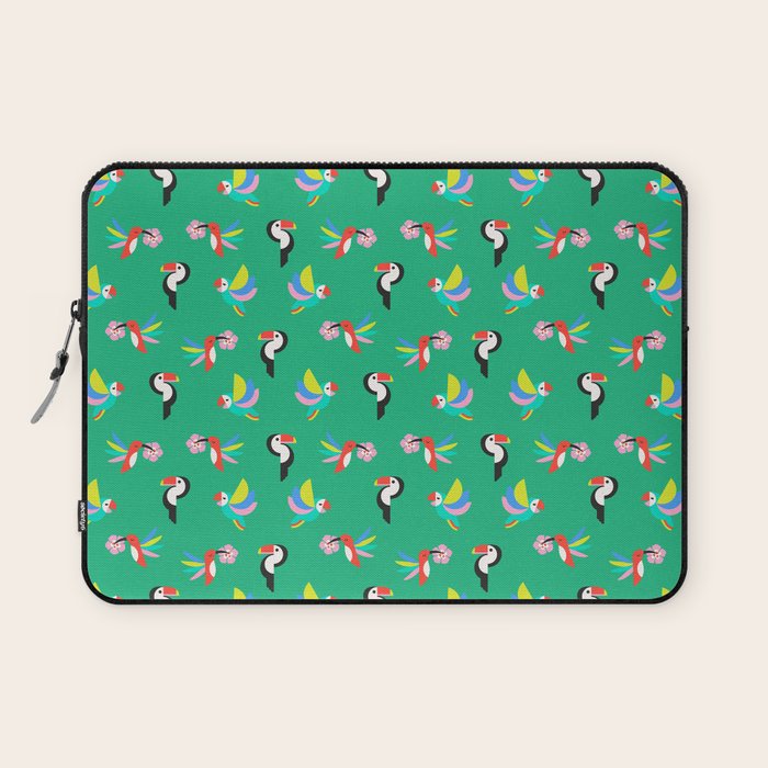 Happy Tropical Jungle Birds Toucan Hummingbird Parrot Green Laptop Sleeve Gallery Image 1