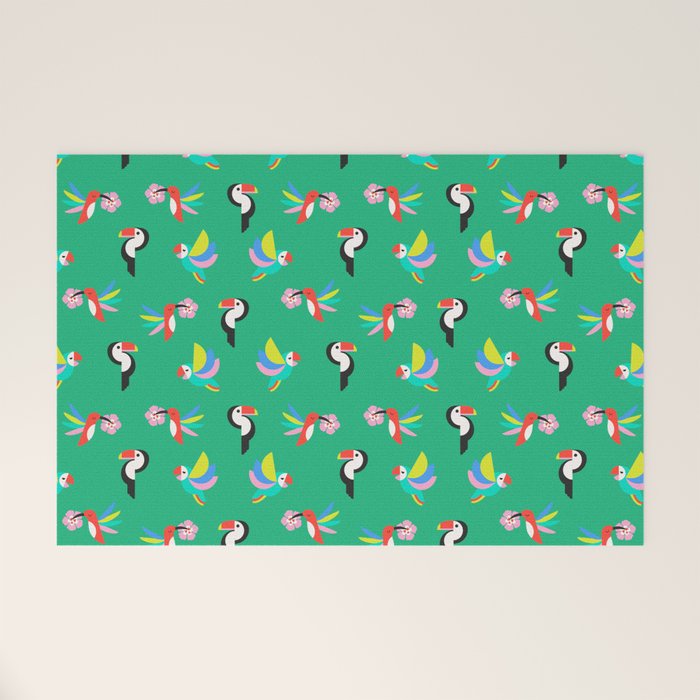 Happy Tropical Jungle Birds Toucan Hummingbird Parrot Green Welcome Mat Gallery Image 1