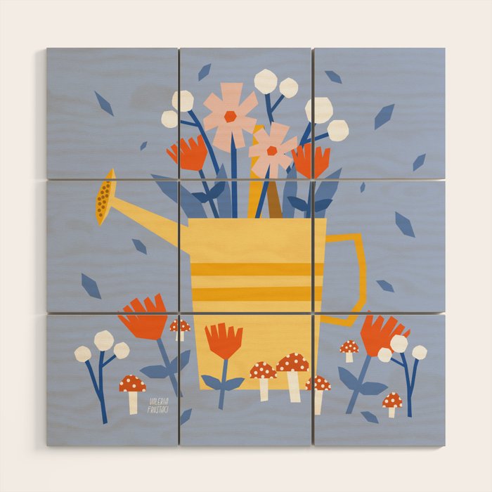 Watering can and flowers Wood Wall Art Gallery Image 1