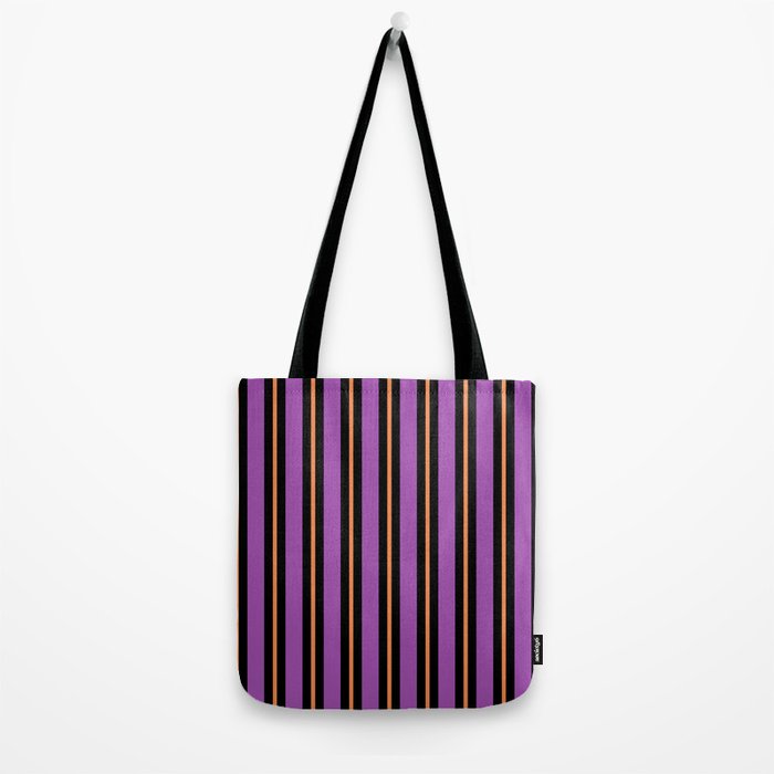 Halloween Stripes Purple Black Orange Vertical Stripe Pattern Tote Bag Gallery Image 2