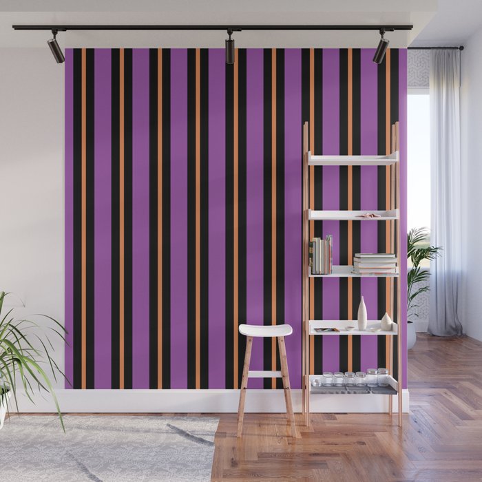 Halloween Stripes Purple Black Orange Vertical Stripe Pattern Wall Mural Gallery Image 1