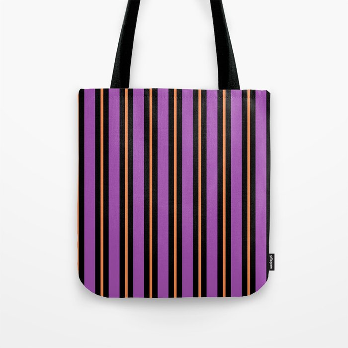 Halloween Stripes Purple Black Orange Vertical Stripe Pattern Tote Bag Gallery Image 1