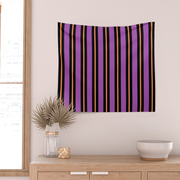 Halloween Stripes Purple Black Orange Vertical Stripe Pattern Wall Tapestry Gallery Image 2