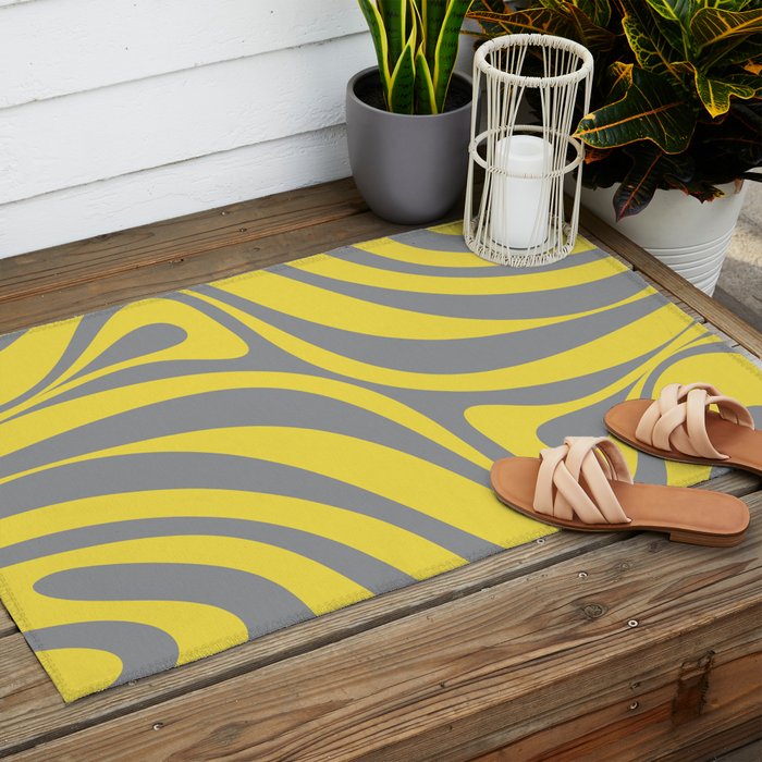 New Groove Retro Swirl Abstract Pattern in Yellow and Gray Outdoor Rug Gallery Image 2