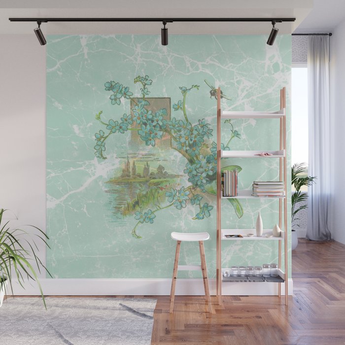 Modern vintage mint marble floral landscape Wall Mural Gallery Image 1