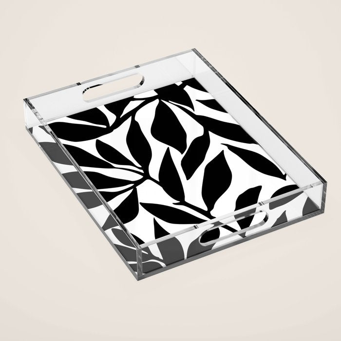 Bold Black White Botanical Leaf Silhouettes Acrylic Tray Gallery Image 1
