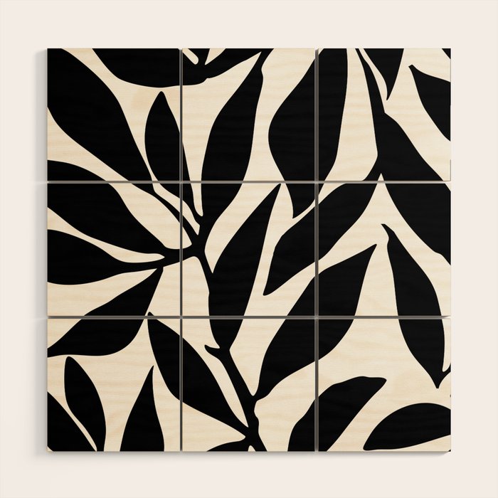 Bold Black White Botanical Leaf Silhouettes Wood Wall Art Gallery Image 1