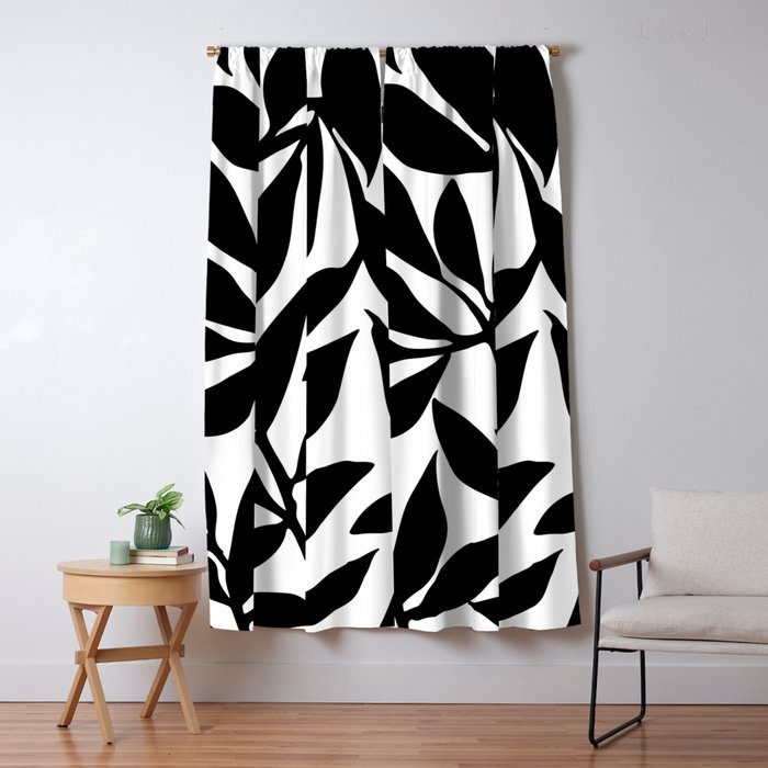 Bold Black White Botanical Leaf Silhouettes Window Curtain Gallery Image 1