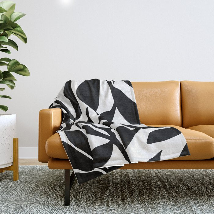 Bold Black White Botanical Leaf Silhouettes Throw Blanket Gallery Image 1