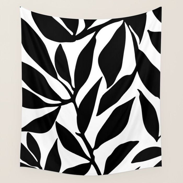 Bold Black White Botanical Leaf Silhouettes Wall Tapestry Gallery Image 1