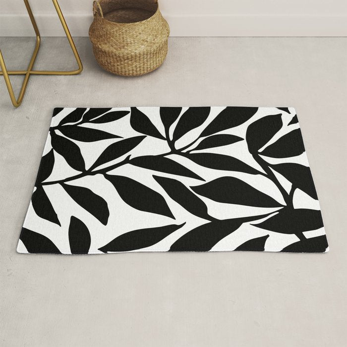 Bold Black White Botanical Leaf Silhouettes Rug Gallery Image 1