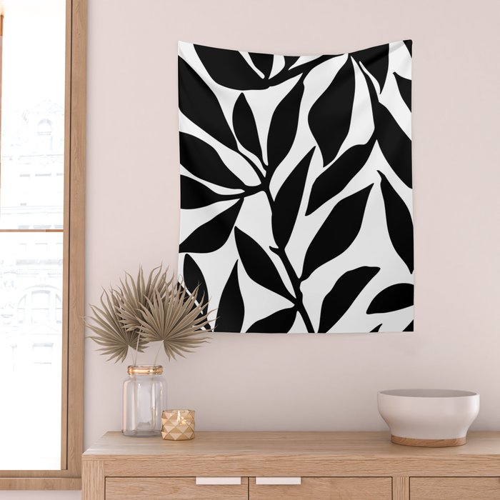 Bold Black White Botanical Leaf Silhouettes Wall Tapestry Gallery Image 2