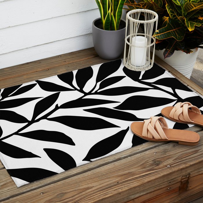 Bold Black White Botanical Leaf Silhouettes Outdoor Rug Gallery Image 2