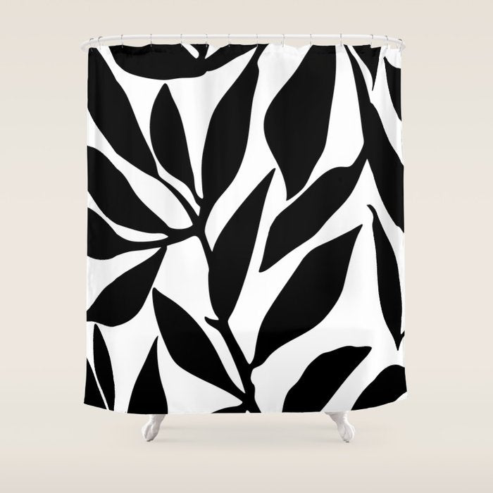 Bold Black White Botanical Leaf Silhouettes Shower Curtain Gallery Image 1