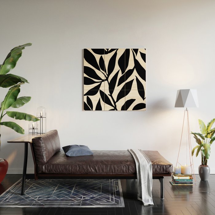 Bold Black White Botanical Leaf Silhouettes Wood Wall Art Gallery Image 2