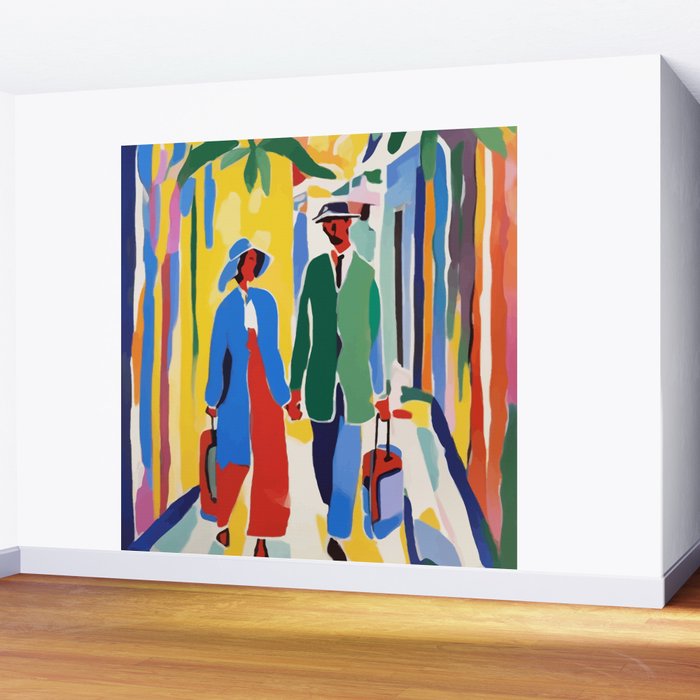 A Witness To Your Life's Journey, Tropical Travel Couple People Summer, Colorful Eclectic Bohemian Contemporary Painting Palm Trees Wall Mural Gallery Image 2