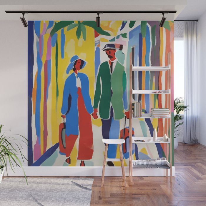 A Witness To Your Life's Journey, Tropical Travel Couple People Summer, Colorful Eclectic Bohemian Contemporary Painting Palm Trees Wall Mural Gallery Image 1