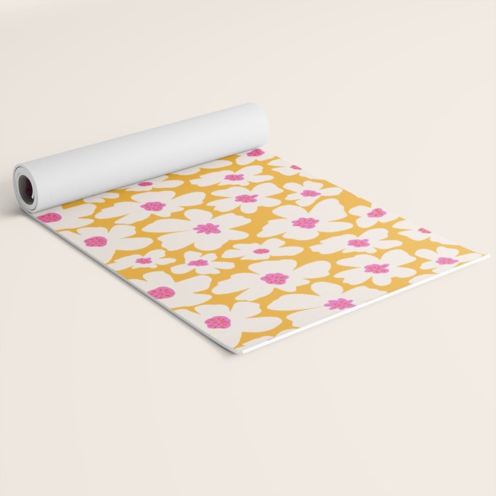 Retro Daisy - Yellow, Pink and White Yoga Mat Gallery Image 2