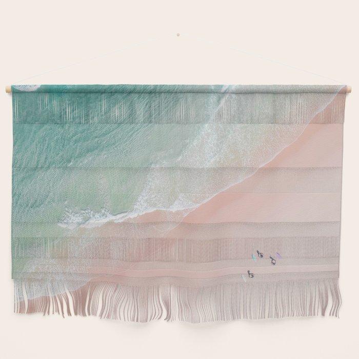 Surf Yoga II - Aerial Pink Beach Print - Ocean - Sea Travel photography by Ingrid Beddoes Wall Hanging Gallery Image 1