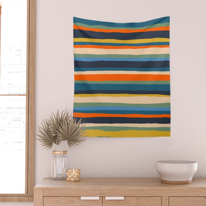 Serrate Stripes Colorful Retro Organic Contemporary Pattern Wall Tapestry Gallery Image 2