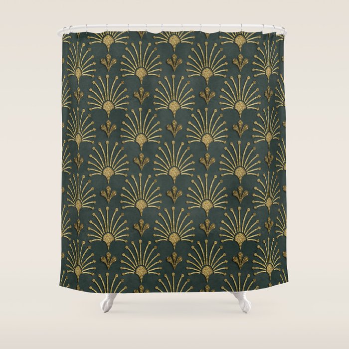 Retro Art Deco Pattern Gold On Green Velvet Shower Curtain