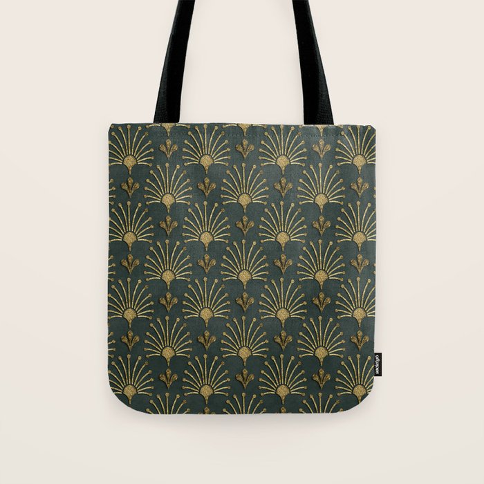 Retro Art Deco Pattern Gold On Green Velvet Tote Bag Gallery Image 1