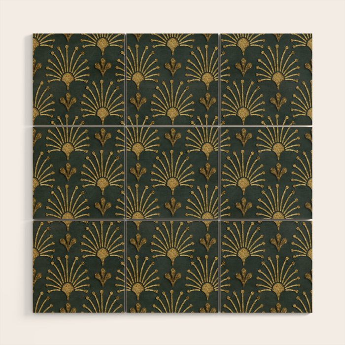 Retro Art Deco Pattern Gold On Green Velvet Wood Wall Art Gallery Image 1