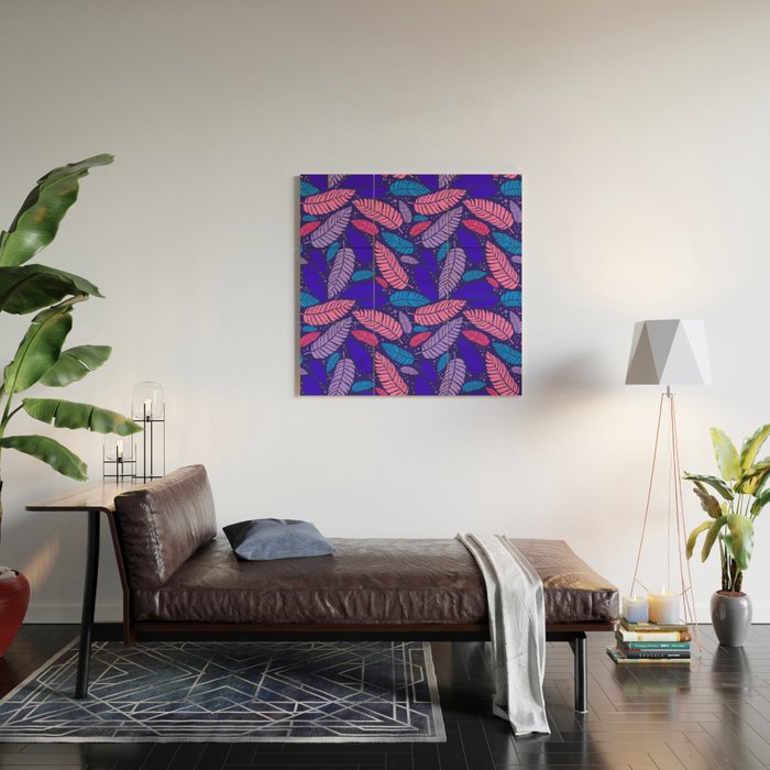 Tropical palm leaves in purple pink and blue Wood Wall Art Gallery Image 2