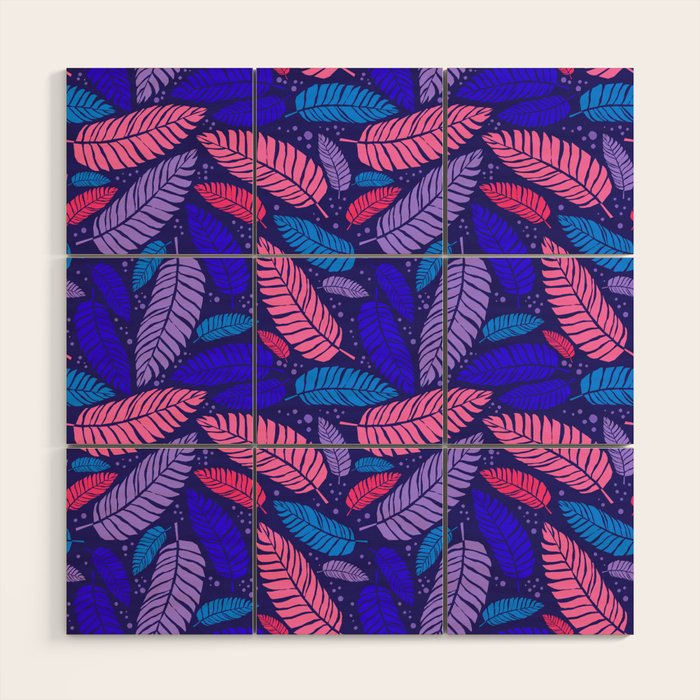 Tropical palm leaves in purple pink and blue Wood Wall Art Gallery Image 1