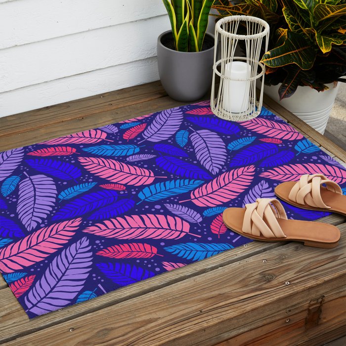 Tropical palm leaves in purple pink and blue Outdoor Rug Gallery Image 2