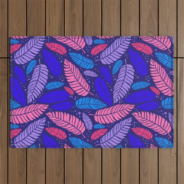 Tropical palm leaves in purple pink and blue Outdoor Rug Gallery Image 1