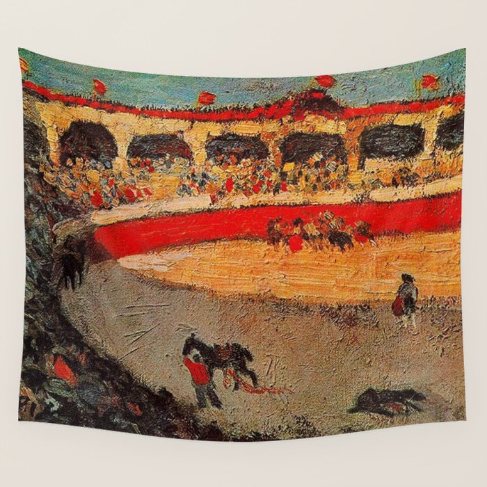 Pablo Picasso - La Corrida - Plaza de Toros Pamplona, Spain matador and bull landscape painting  Wall Tapestry Gallery Image 4