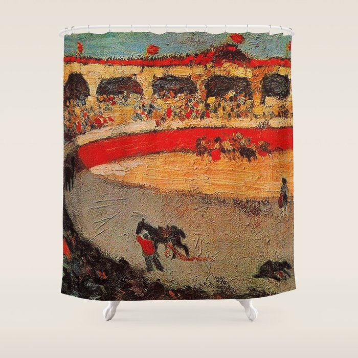 Pablo Picasso - La Corrida - Plaza de Toros Pamplona, Spain matador and bull landscape painting  Shower Curtain Gallery Image 1