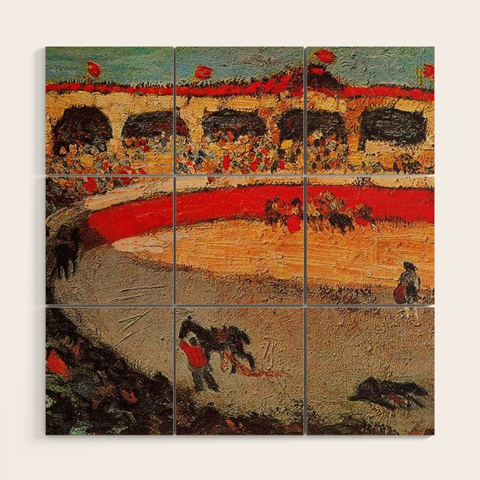 Pablo Picasso - La Corrida - Plaza de Toros Pamplona, Spain matador and bull landscape painting  Wood Wall Art Gallery Image 1